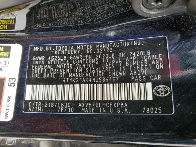 2022 Toyota Camry Xse Salvage Car
