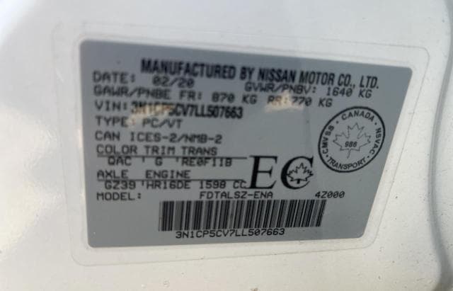 2020 Nissan Kicks Sv Salvage Car