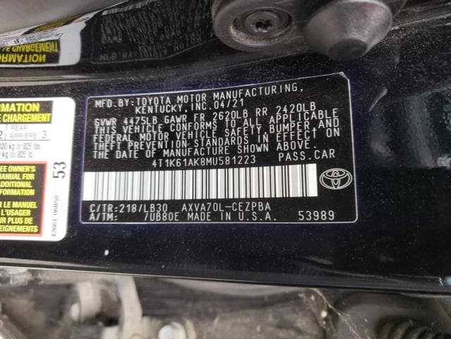 2021 Toyota Camry Xse Salvage Car